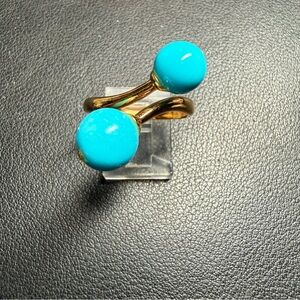 DESIGNER TF 18K GOLD PLATE over Sterling Double Turquoise ByPass Ring Size 9.5